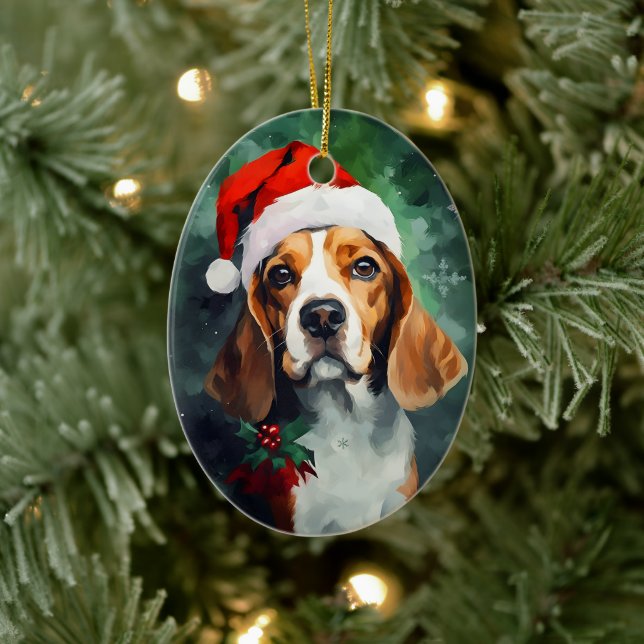 Beagle Christmas brush painting artwork Ceramic Ornament (Tree)