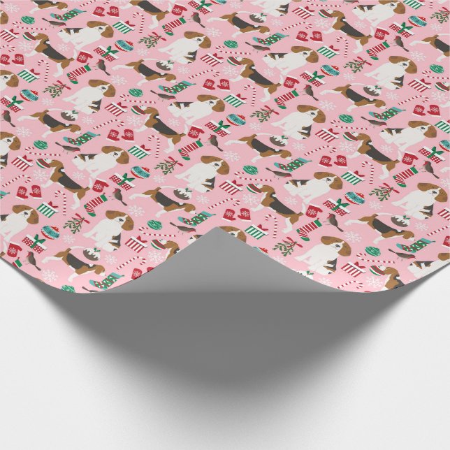 Beagle Christmas Dog gift wrap - pink (Corner)