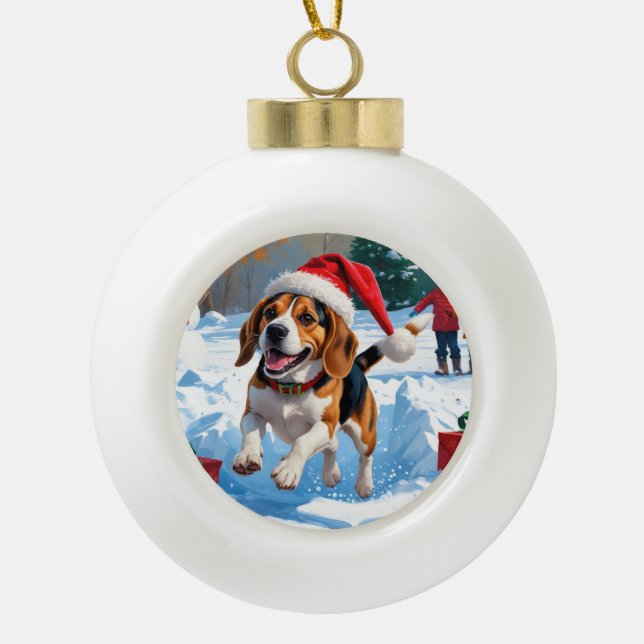 Beagle Christmas Festive Snow Scene Ceramic Ball Christmas Ornament (Front)