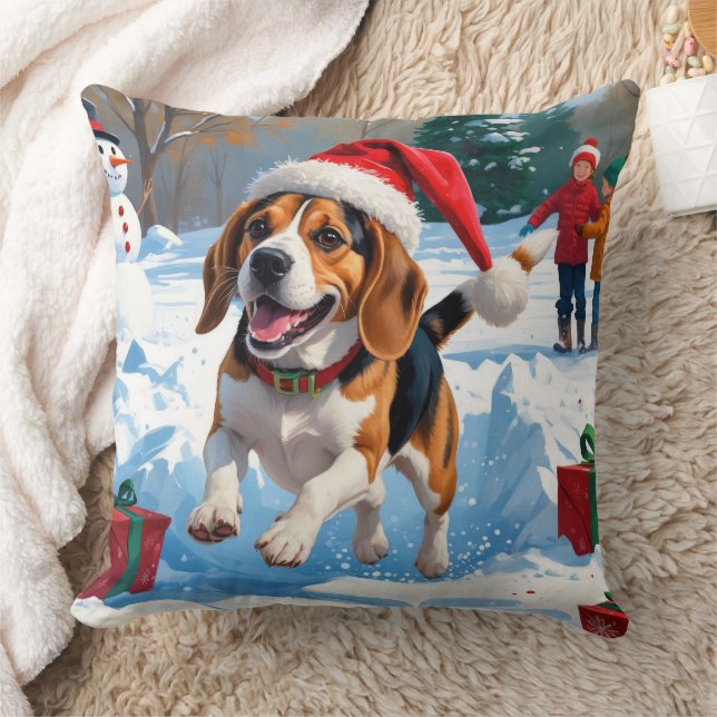 Beagle Christmas Festive Snow Scene Cushion (Blanket)