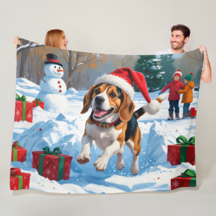 Beagle Christmas Festive Snow Scene Fleece Blanket
