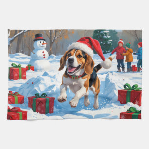 Beagle Christmas Festive Snow Scene Tea Towel