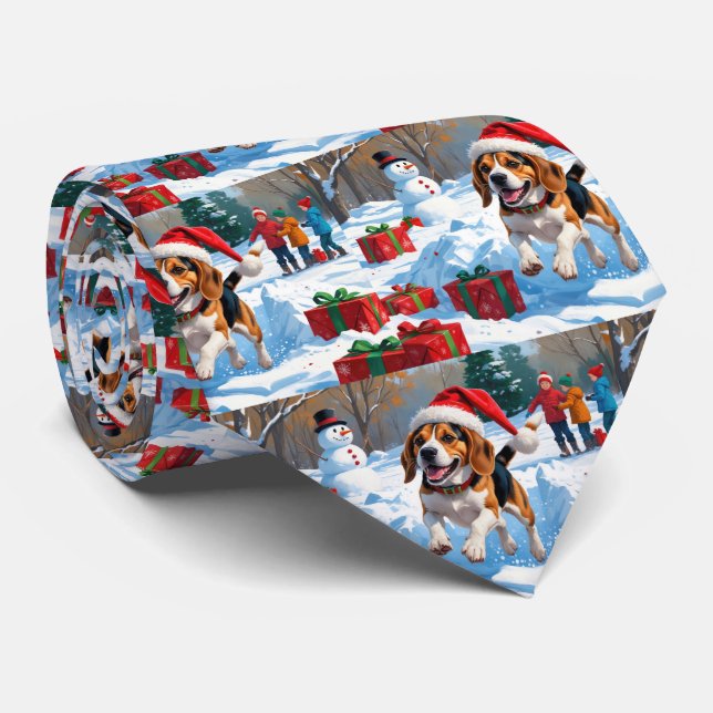 Beagle Christmas Festive Snow Scene Tie (Rolled)