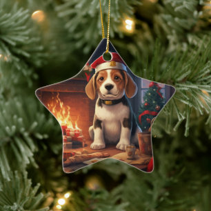 Beagle Christmas, Gift for Beagle Police Lover Ceramic Ornament