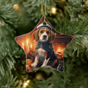 Beagle Christmas, Gift for Beagle Police Lover Ceramic Ornament