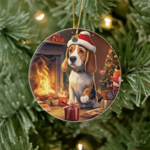 Beagle Christmas, Gift for Beagle Police Lover Ceramic Ornament