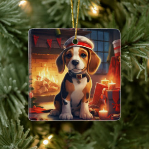 Beagle Christmas, Gift for Beagle Police Lover Ceramic Ornament