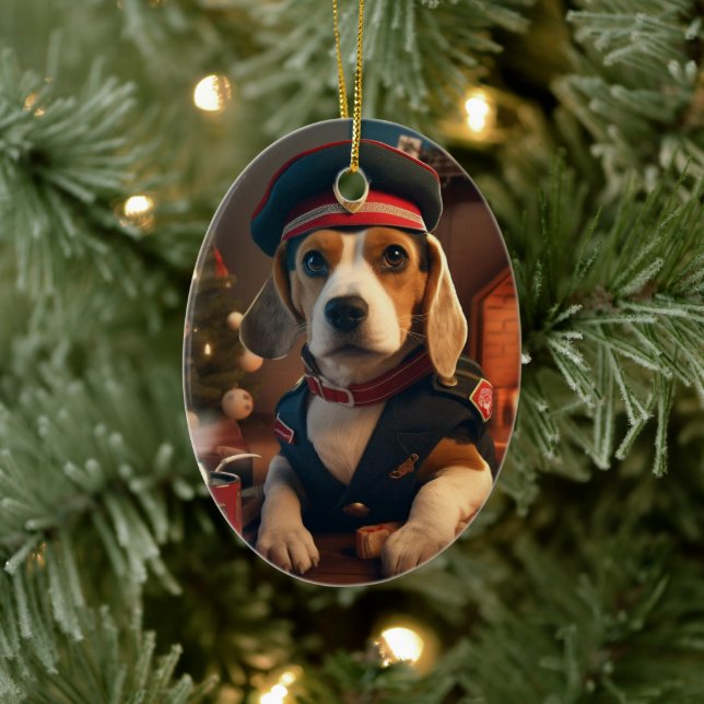 Beagle Christmas, Gift for Beagle Police Lover Ceramic Ornament (Tree)