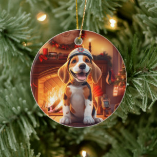 Beagle Christmas, Gift for Beagle Police Lover Ceramic Ornament