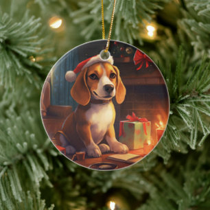 Beagle Christmas, Gift for Beagle Police Lover Ceramic Ornament