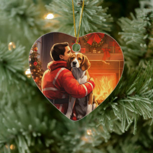 Beagle Christmas, Gift for Dog Firefighter Lover Ceramic Ornament
