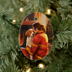 Beagle Christmas, Gift for Dog Firefighter Lover Ceramic Ornament