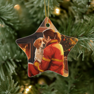 Beagle Christmas, Gift for Dog Firefighter Lover Ceramic Ornament