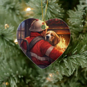 Beagle Christmas, Gift for Dog Firefighter Lover Ceramic Ornament