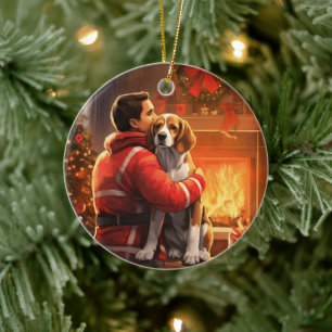 Beagle Christmas, Gift for Dog Firefighter Lover Ceramic Ornament