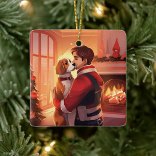 Beagle Christmas, Gift for Dog Firefighter Lover Ceramic Ornament