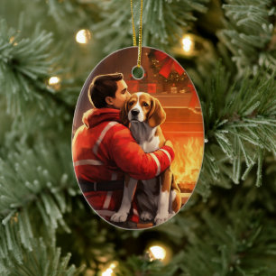 Beagle Christmas, Gift for Dog Firefighter Lover Ceramic Ornament