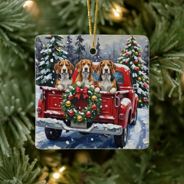 Beagle Christmas Red Truck Holiday Ceramic Ornament (Tree)
