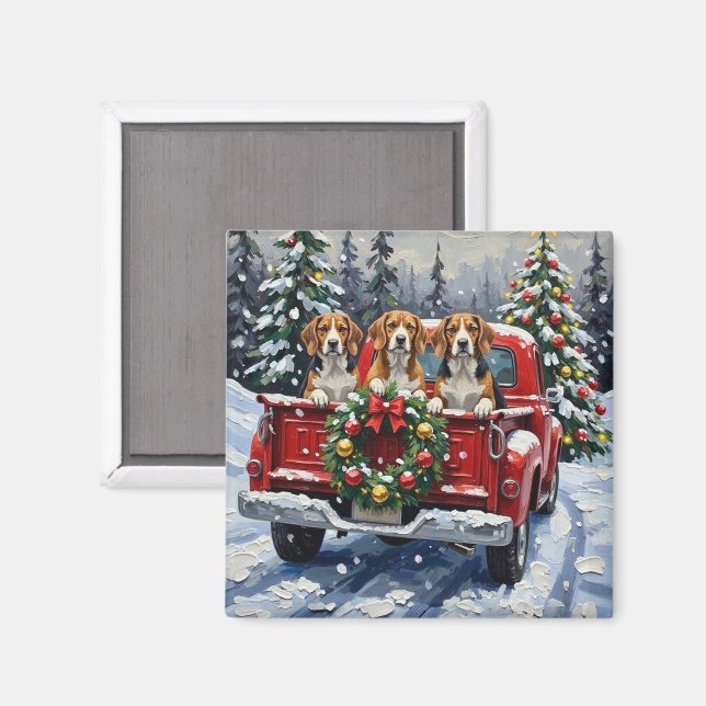 Beagle Christmas Red Truck Holiday Magnet (Front/Back)