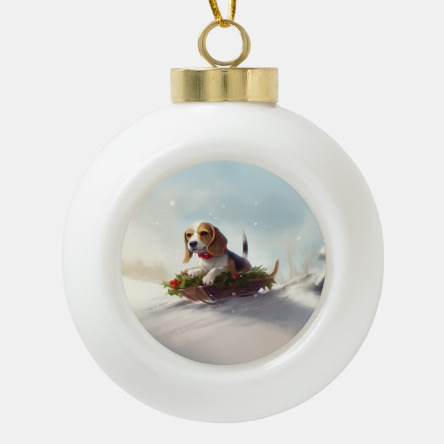 Beagle Christmas snow winter  Ceramic Ball Christmas Ornament (Front)