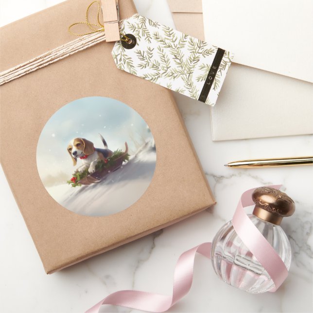 Beagle Christmas snow winter  Classic Round Sticker (Gifting)