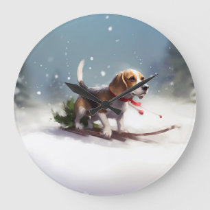 Beagle Christmas snow winter Large Clock