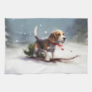 Beagle Christmas snow winter Tea Towel