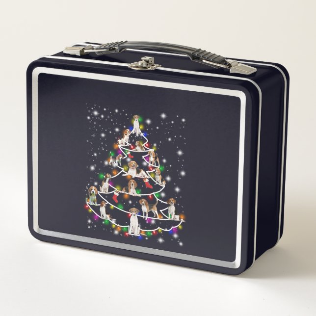Beagle Christmas Tree Covered By Flashlight Metal Lunch Box (Front)