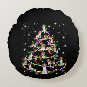 Beagle Christmas Tree Covered By Flashlight Round Cushion