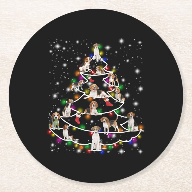 Beagle Christmas Tree Covered By Flashlight Round Paper Coaster (Front)