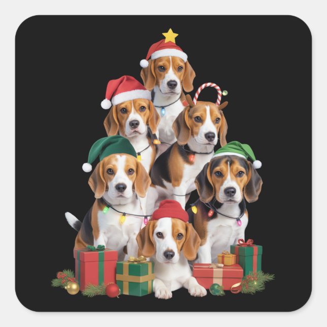 Beagle Christmas Tree With Santa Hat Dog Mum Dogs  Square Sticker (Front)