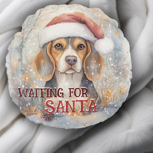 Beagle Christmas Waiting For Santa Dog Watercolor Round Cushion
