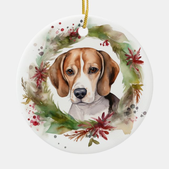 Beagle Christmas Wreath Festive Pup  Ceramic Ornament (Front)