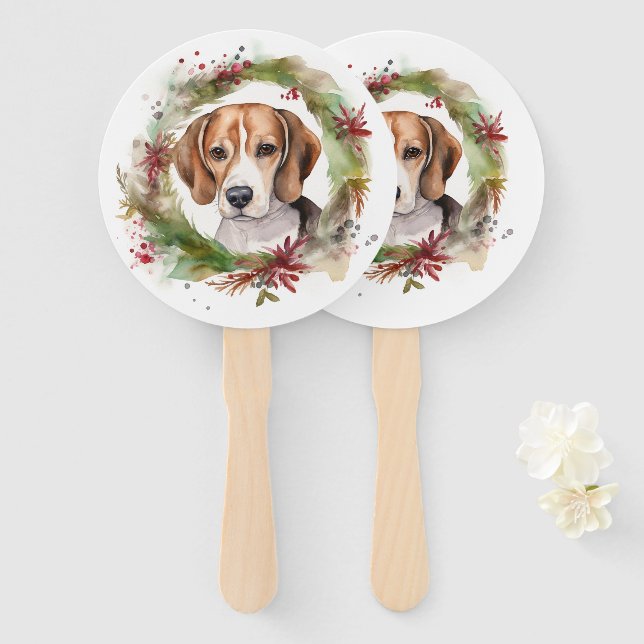 Beagle Christmas Wreath Festive Pup  Hand Fan (Front and Back)