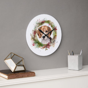 Beagle Christmas Wreath Festive Pup Large Clock