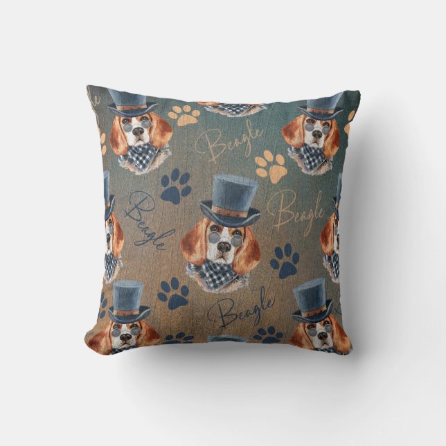Beagle Dog and Paw Prints Steampunk Style, Cushion (Front)