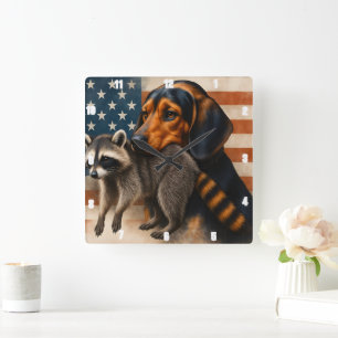 Beagle Dog And Racoon Illustration With American  Square Wall Clock