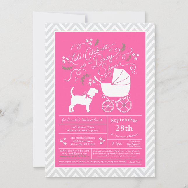 Beagle Dog Baby Shower Pink Girl Invitation (Front)