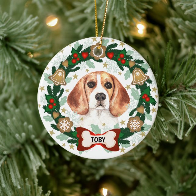 Beagle Dog Christmas Cute Dog Cookie Wreath Ceramic Ornament (Tree)