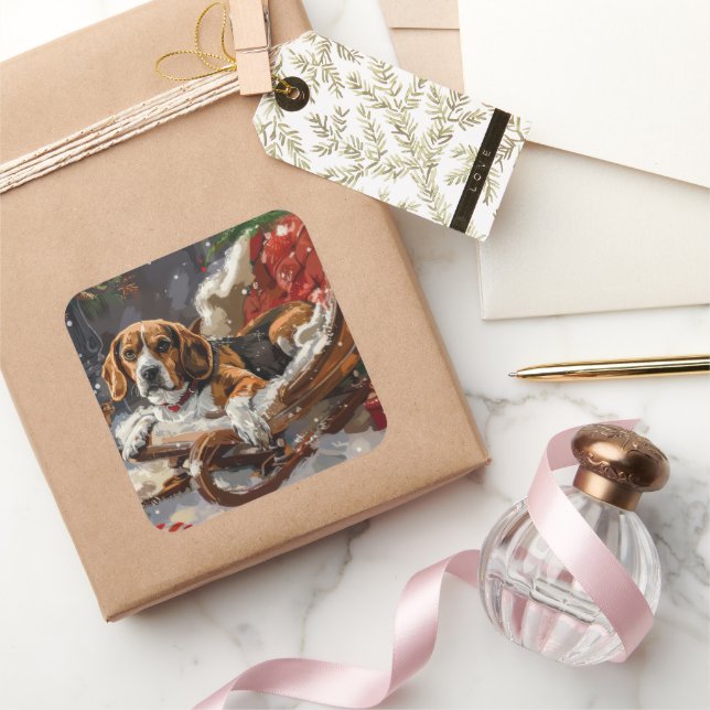Beagle Dog Christmas Festive Square Sticker (Gifting)