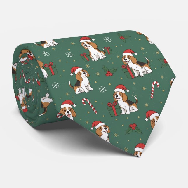 Beagle dog Christmas Pattern Tie (Rolled)