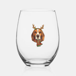 Beagle Dog Christmas Reindeer Santa Hat Funny Xmas Stemless Wine Glass