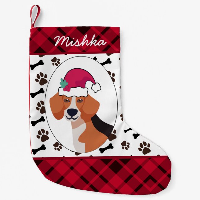 Beagle Dog Christmas With Custom Dog Name Small Christmas Stocking (Front)