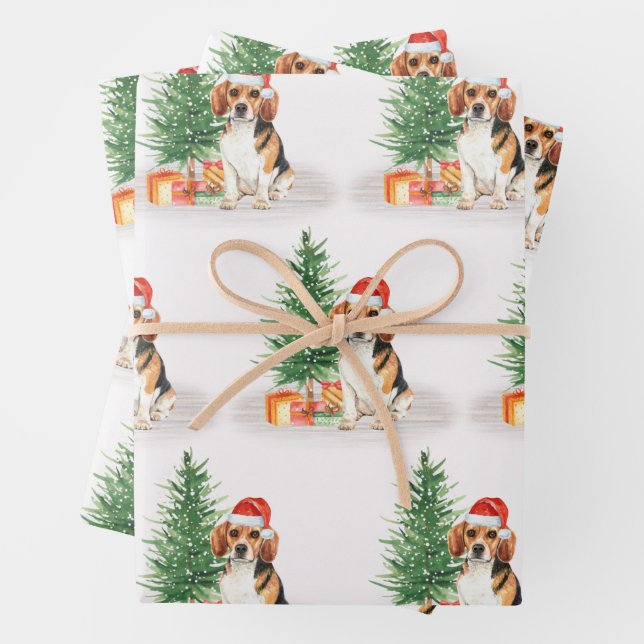 Beagle Dog Cute Santa Festive Christmas Wrapping Paper Sheet (In situ)