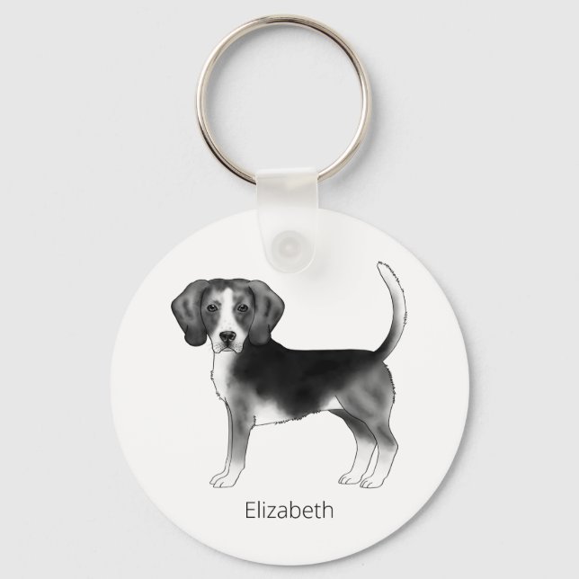 Beagle Dog Design In Black And White With Name Key Ring (Front)