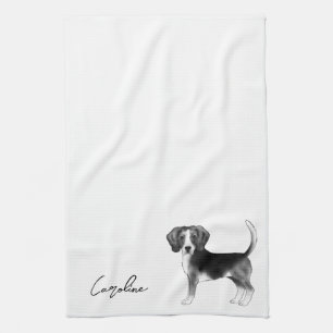 Beagle Dog Design In Black And White With Name Tea Towel