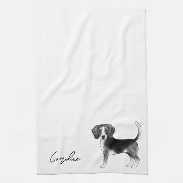 Beagle Dog Design In Black And White With Name Tea Towel (Vertical)