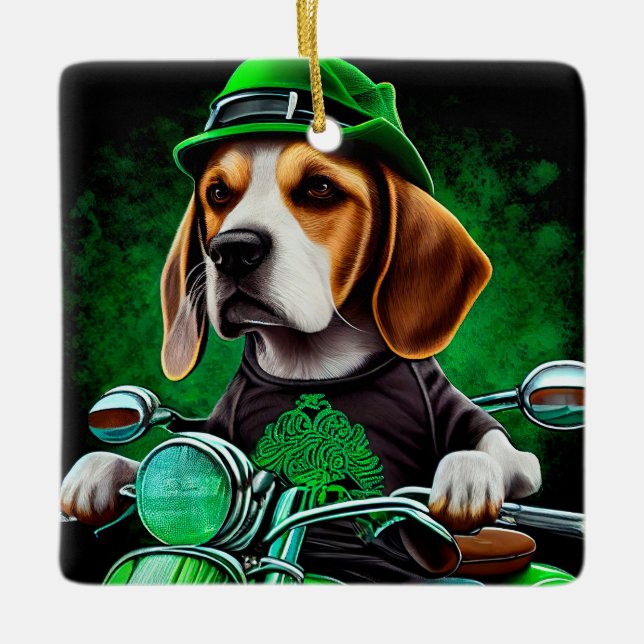 Beagle Dog driving bike St. Patrick's Day Ceramic Ornament (Front)