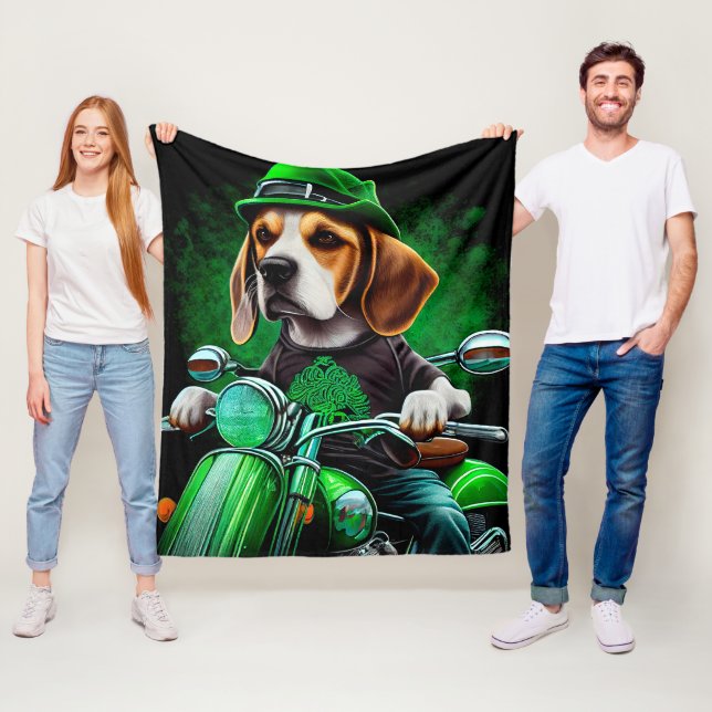 Beagle Dog driving bike St. Patrick's Day Fleece Blanket (In Situ)
