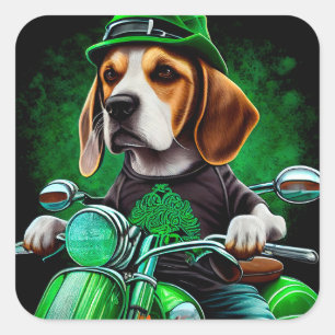 Beagle Dog driving bike St. Patrick's Day Square Sticker